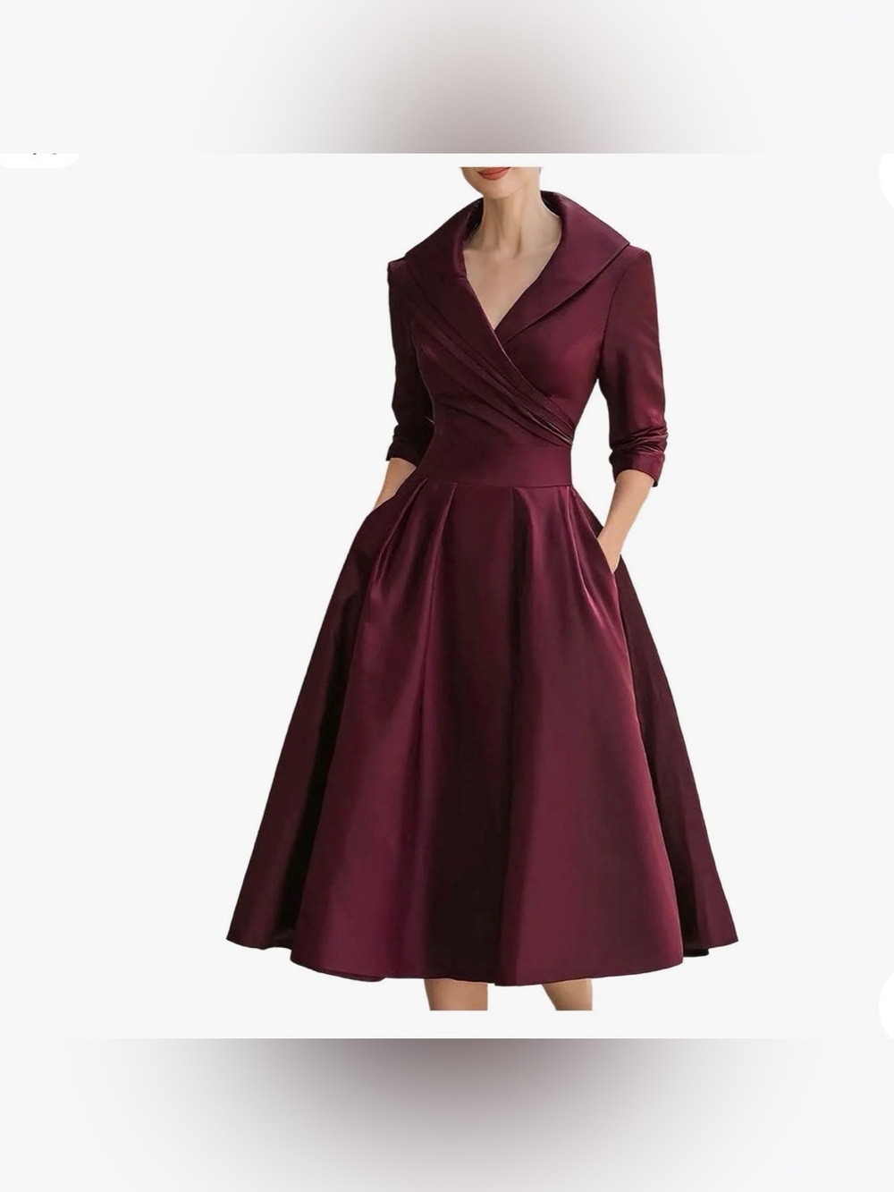 Elegant Burgundy Midi Dress with Shawl Collar